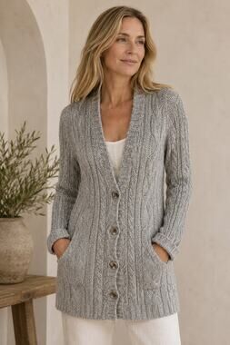 Margaret O'Leary 100% Linen Cable Knit Gray Longline Casual Cardigan Size Medium